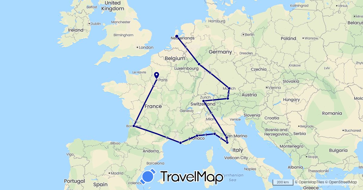 TravelMap itinerary: driving in Austria, Switzerland, Germany, France, Italy, Netherlands (Europe)